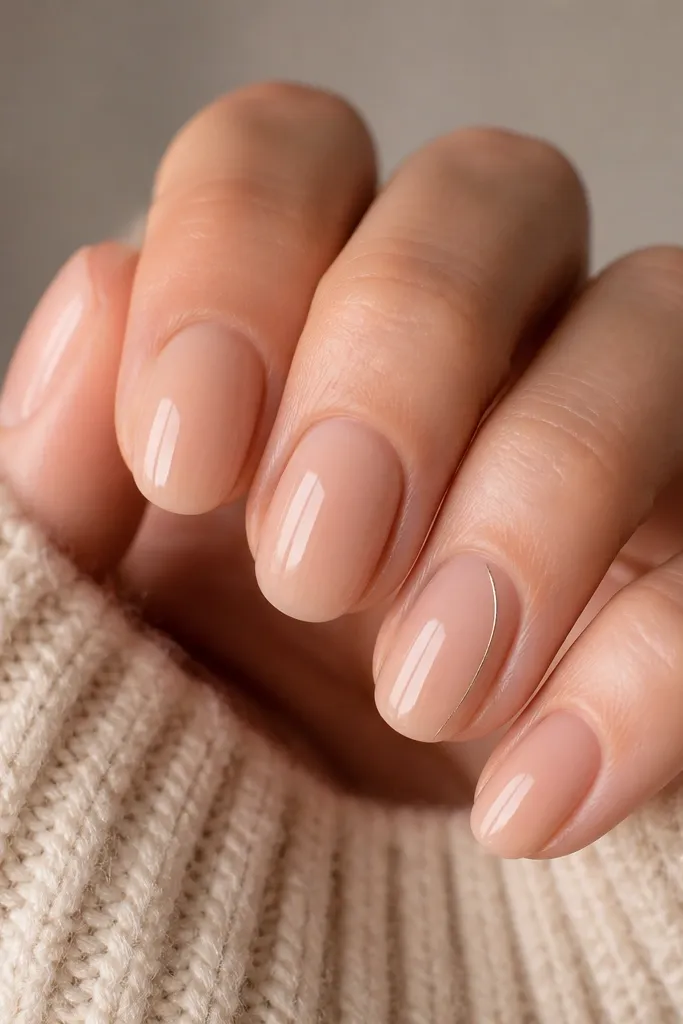 Glossy glazed donut nude nails with a warm sheen. One accent nail has a single thin silver line that curves like one web thread near the sidewall. No full web, just the thread.