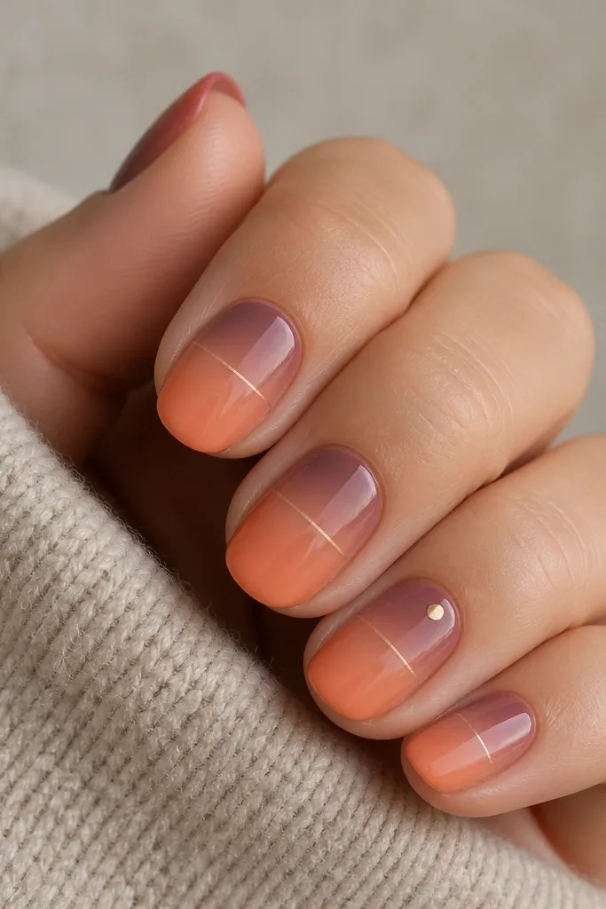 A set of short oval nails. The lower third is a peachy-orange gradient that fades into a mauve-plum sky at the top. A thin, clean white-gold horizon band runs across the nail. One nail has a small gold dot sun near the cuticle side.
