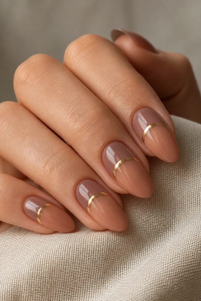 Medium almond nails with a smoky gradient. The top is smoky rose-brown, fading into a warm apricot at the bottom. A copper-gold arc sits just above the horizon line, curving like a rising sun.