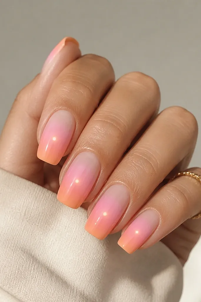 Long squoval nails. Each nail has a nude base with a gradient sky: bubblegum pink at mid, soft orange at the bottom edge. A tiny white sun sits like a dot near the center, with a faint glow halo around it.