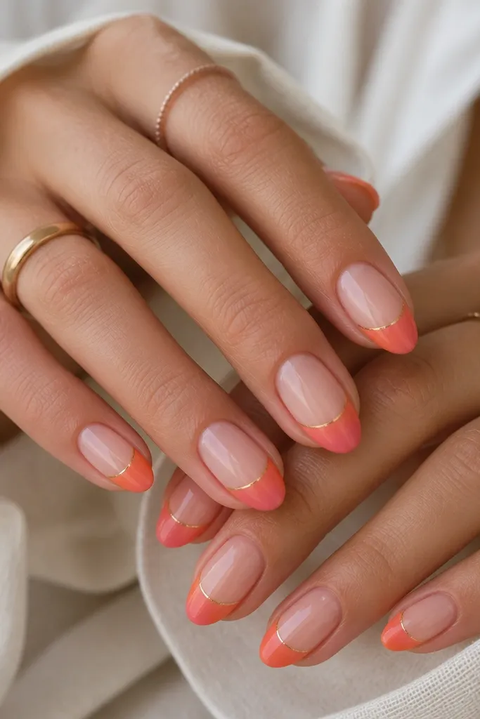 Short almond nails with a nude base. The tips have a tangerine-to-rose gradient that fades upward toward the center. A thin gold line separates the gradient from the nude area, like a horizon at the tip.