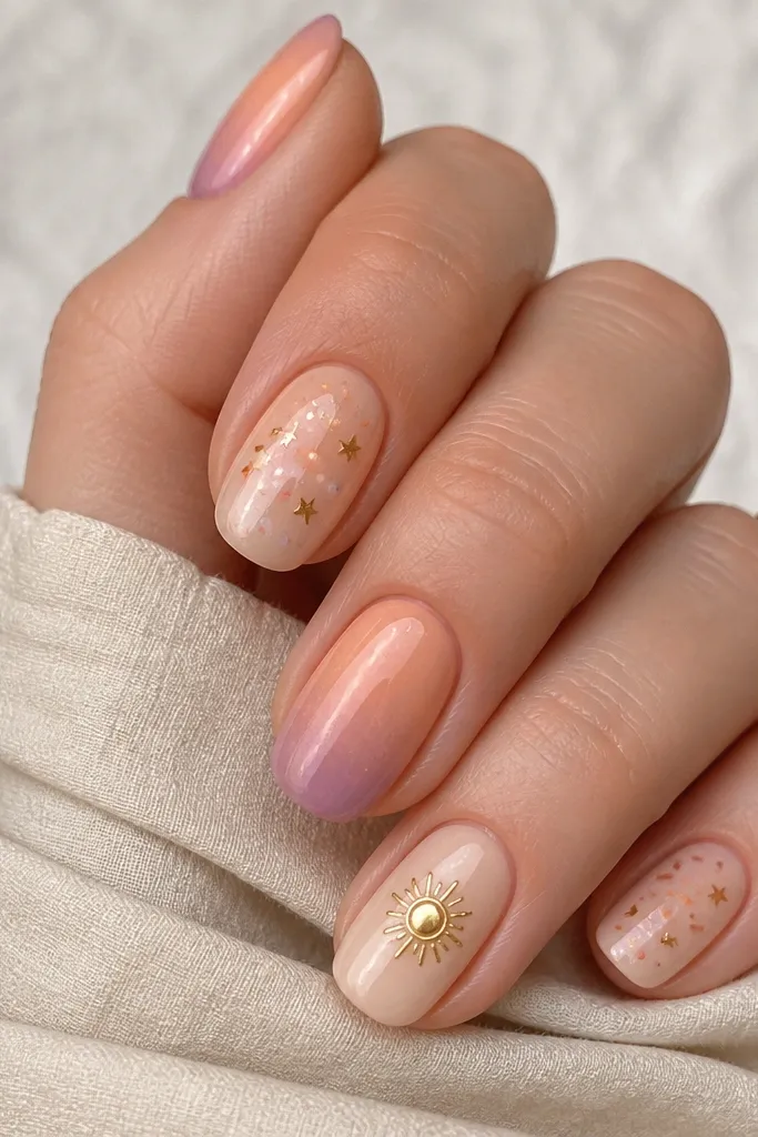 Mix of nails: some have a peach-to-mauve gradient sky, others have a nude base with tiny colored confetti dots (orange, pink, gold) and micro star decals. One accent nail has a small gold sun dot.