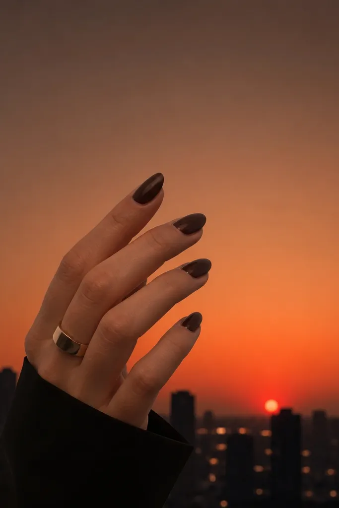 Medium almond nails. The sky is burnt orange fading into a smoky brown. A sheer black silhouette skyline sits along the bottom edge, with small window-like dots. The sun is a soft orange glow near the horizon line.