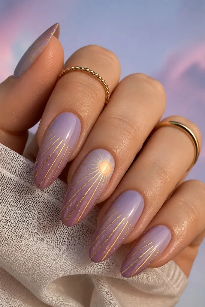 Long oval nails with a lavender-to-mauve gradient sky. Gold foil strips run diagonally from mid-nail toward the tip, like sun rays. One nail has a small pale apricot circle sun with a soft halo.