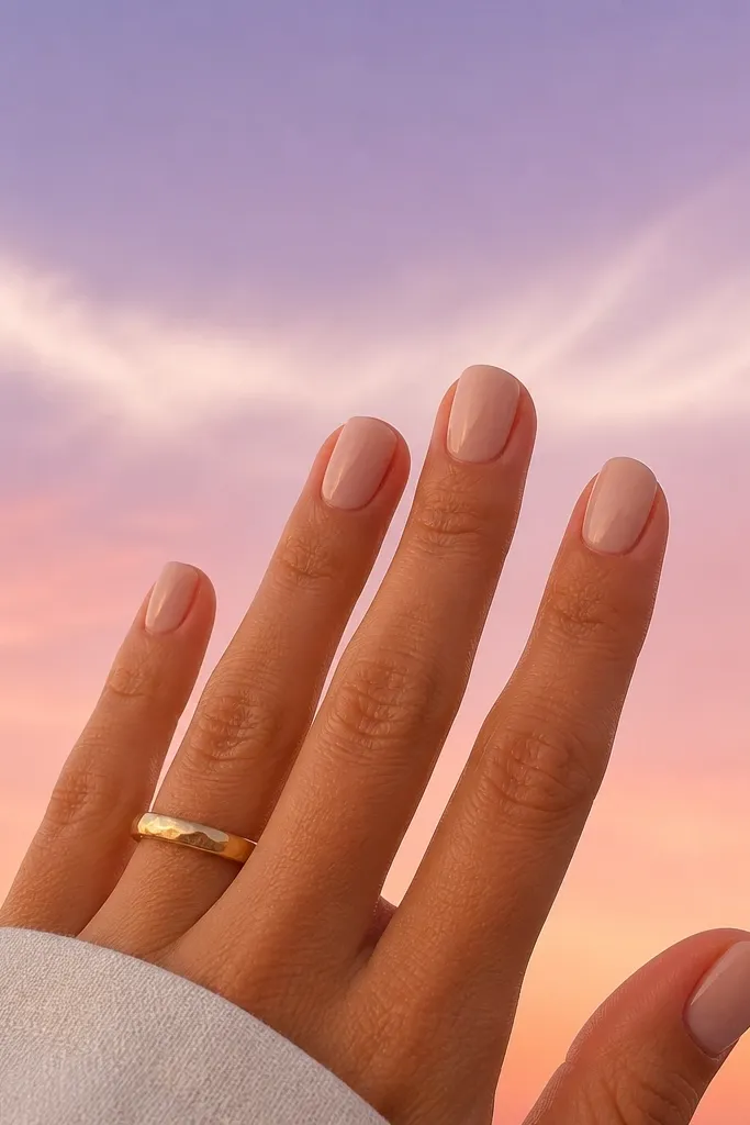 Short squoval nails. The sky is pastel: peach and soft pink blending into a light lavender top. A sweeping white cloud swipe sits across the middle with soft edges, like a cloud band over the sunset.