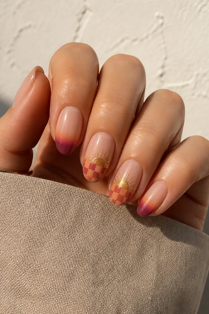 A set where most nails are simple nude with a peach-to-plum gradient horizon at the bottom. Two accent nails have a tiny checkerboard pattern in orange, rose, and gold on the lower half, with a small gold arc sun.
