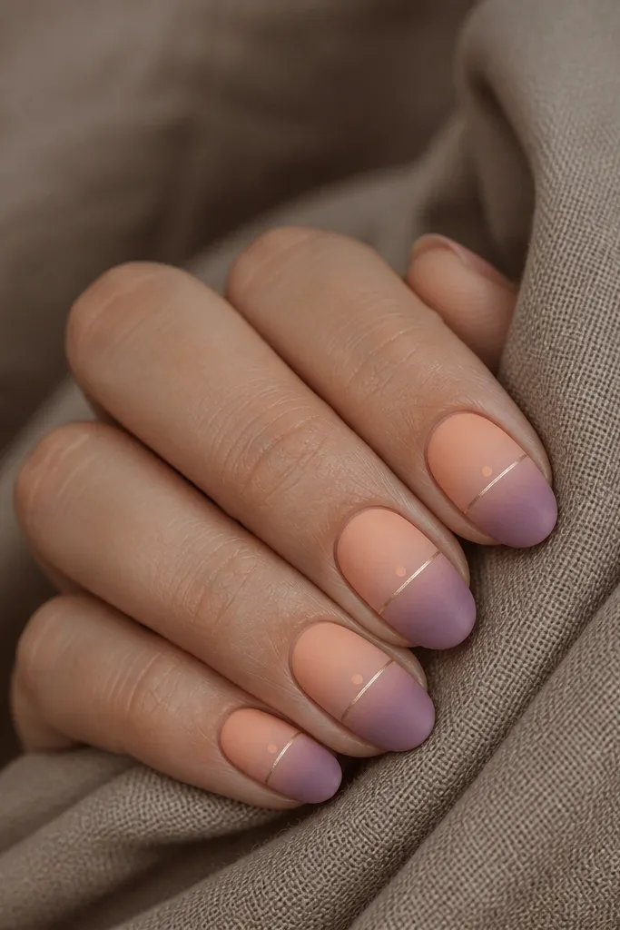 Short almond nails. The sky gradient from apricot to mauve is matte. A single thin horizon line in metallic gold is glossy and reflective. The sun is a tiny matte peach dot.