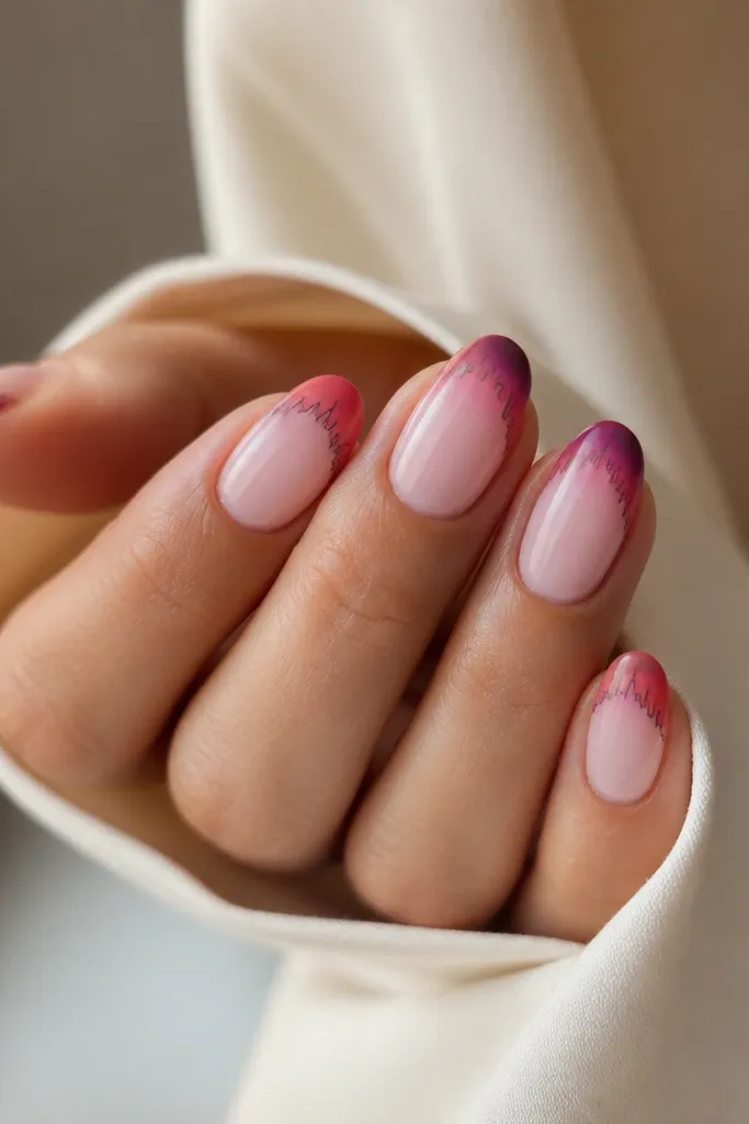 Medium oval nails with a French-style colored tip. The tip gradient goes from coral to plum. Along the inner edge of the colored tip sits a thin skyline silhouette line, like rooftops at dusk.