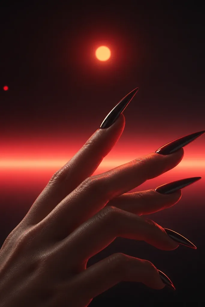 Long stiletto nails. The background is deep black with a soft blur gradient. A neon coral band glows across the middle like a light source. The sun is a small hot orange circle with a halo, and there are two tiny neon dots like sparks.